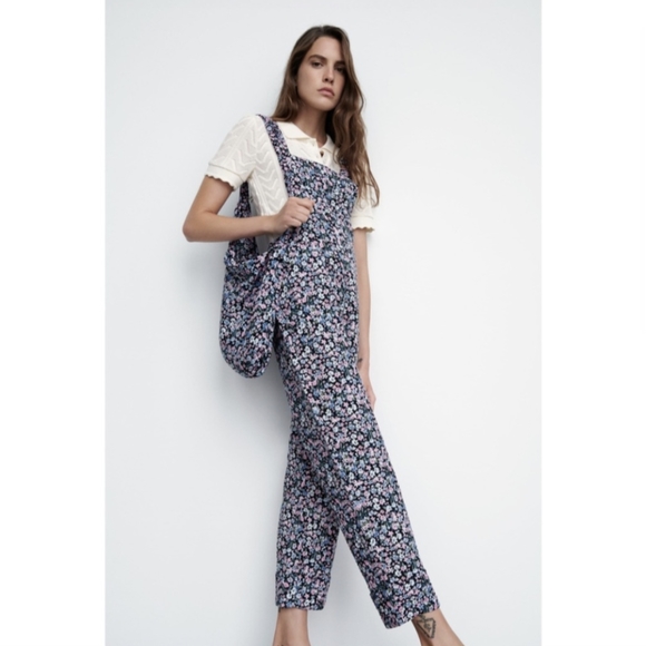 Zara Pastel Floral Print Dungarees Overalls NEW Small - Picture 2 of 11